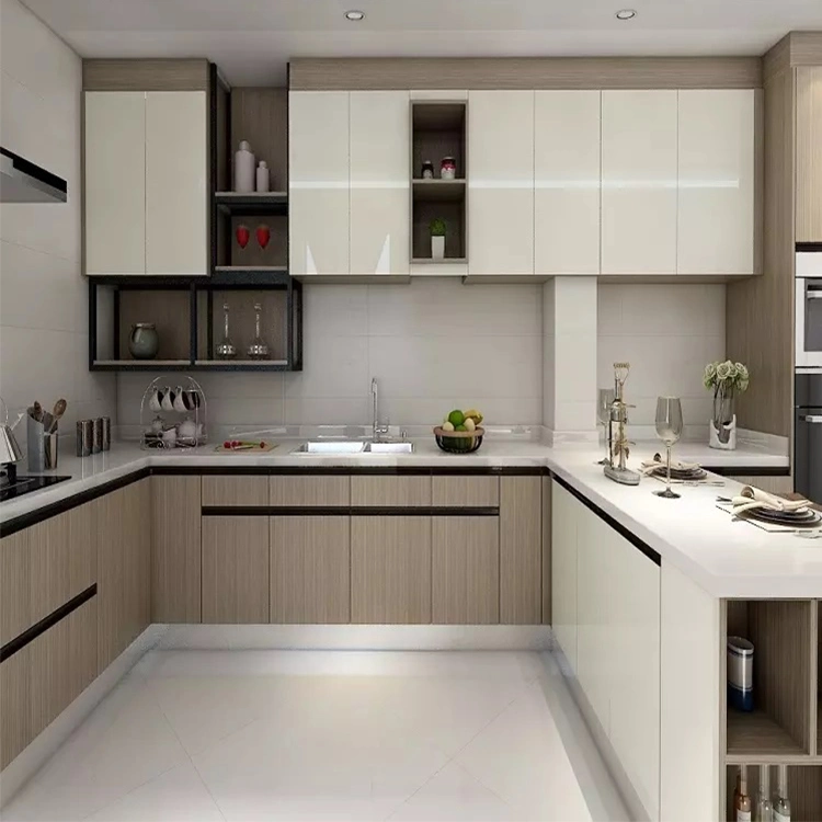 Modern Water Proof Wood Grain Plywood Kitchen Cabinets Designs Grey Color Melamine MDF Kitchen Cabinet