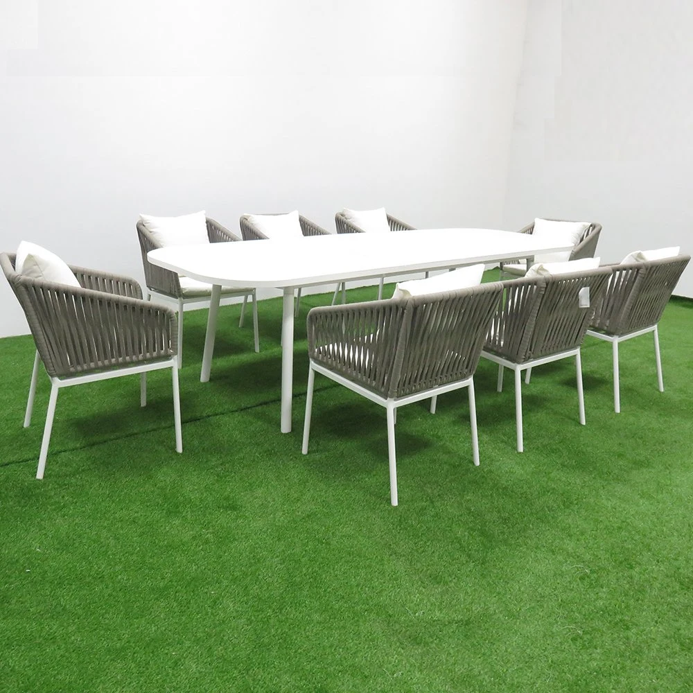 Cadeira de tecelagem de corda Pátio Jardim conjunto Aluminium Dining mobiliário exterior Com a mesa