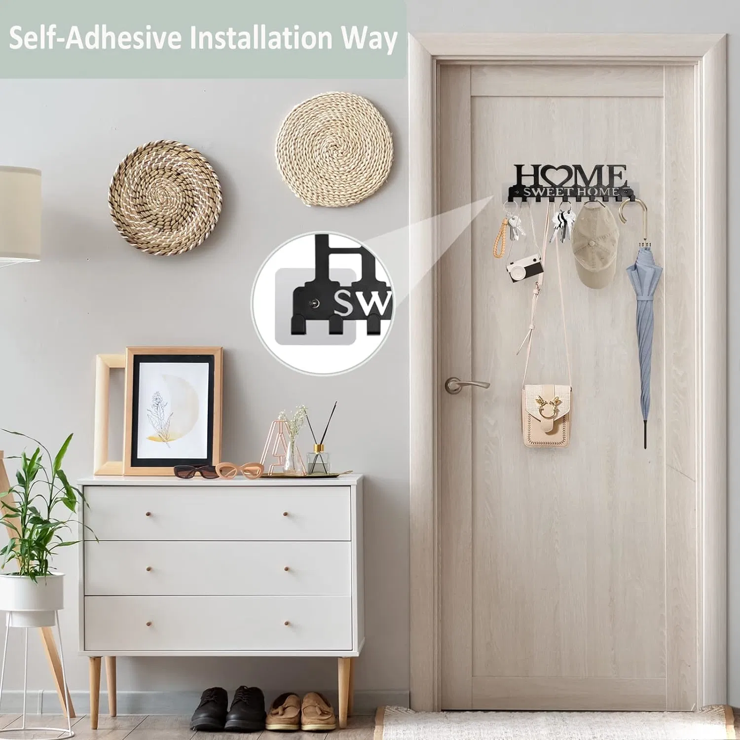 Organizador decorativo de pared de metal negro Soporte autoadhesivo para llavero con 10 ganchos