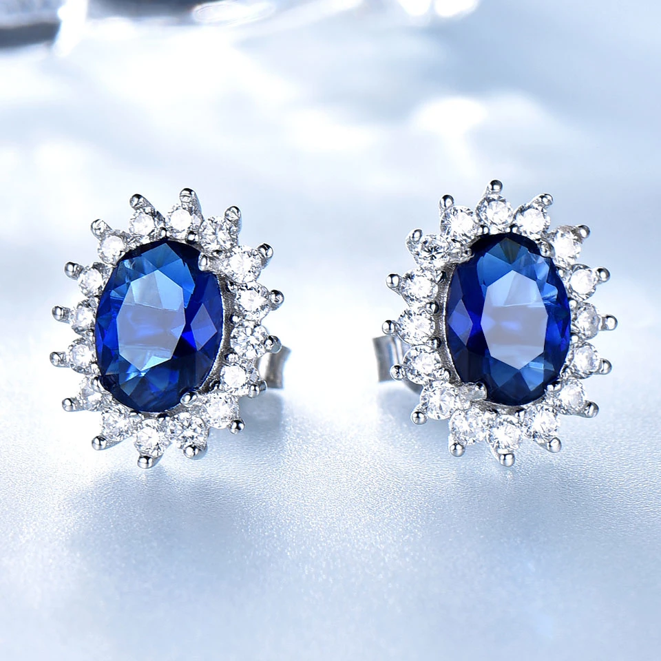 Luxury Genuine 925 Sterling Silver Earrings for Women Blue Sapphire Diana Wedding Party Jewelry