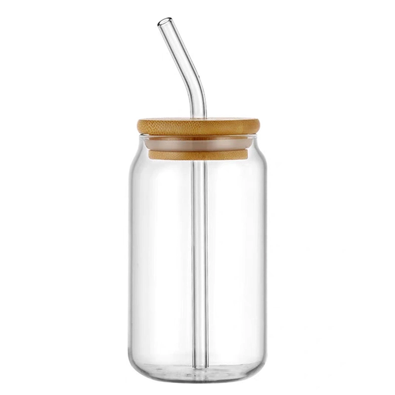 Borosilicate Hot New Design Lead Free Beer Can Shaped Glass Clear 16oz with Wooden Lid and Glass Straw of Customer's Logo