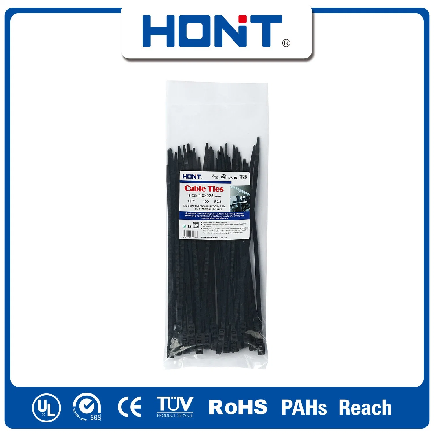 Amarre de autoblocante Hont + bolsa de plástico adhesivo exportar/bandeja de cartón Accesorios de cable de nylon con ISO