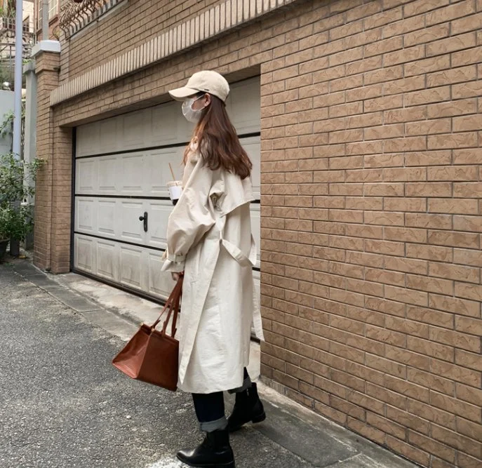 Spring Fall New Design Ladies Long Coat Classic Beige Trench Coat Women Waist Band Slim Loose Fit