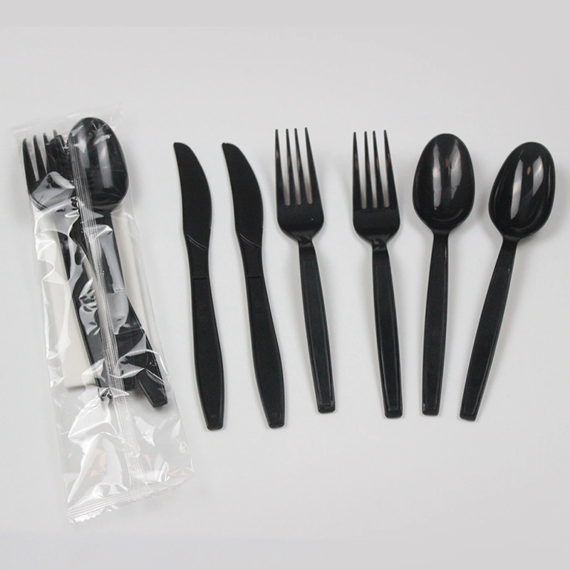 La coutellerie en plastique jetables Set PS Cuillère Couteau de fourche ensemble noir avec des plats à emporter