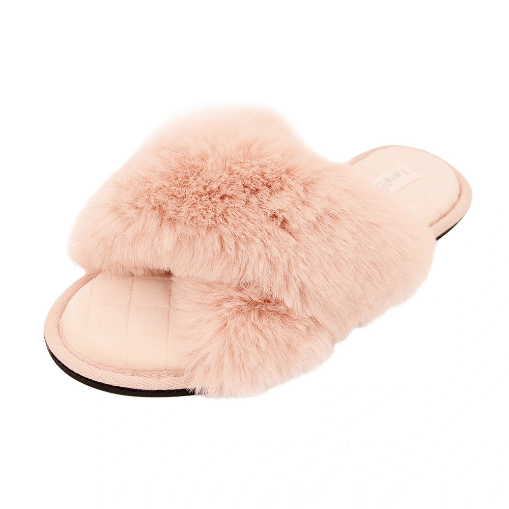 Women&prime; S Cross Band Fuzzy Slippers Fluffy Open Toe House Slippers Indoor Outdoor