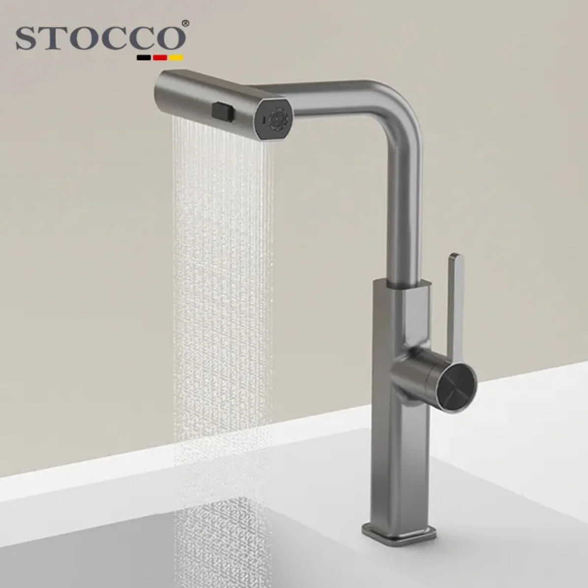 Stocco Unique Design Gun Cold Water Tap Single Hole Deck 3 Way Pull out Waterfall Kitchen Faucets