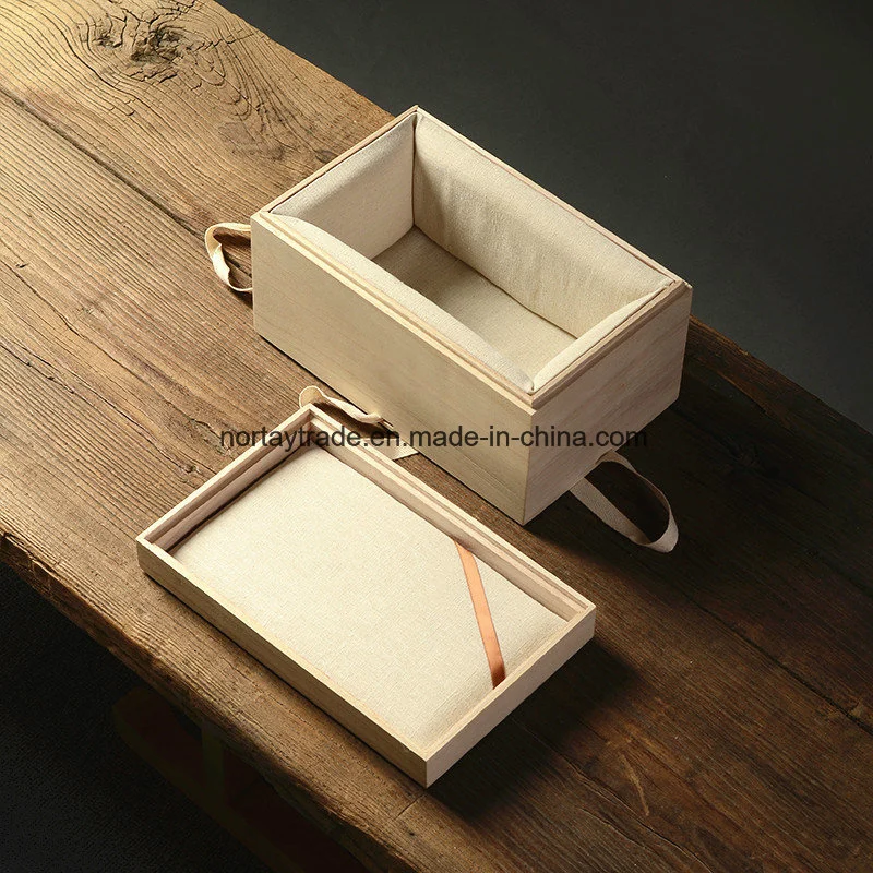 Solid Wood Box Rectangle with White Ribbon Fabric Art Decoration Inside Wood Storage Box