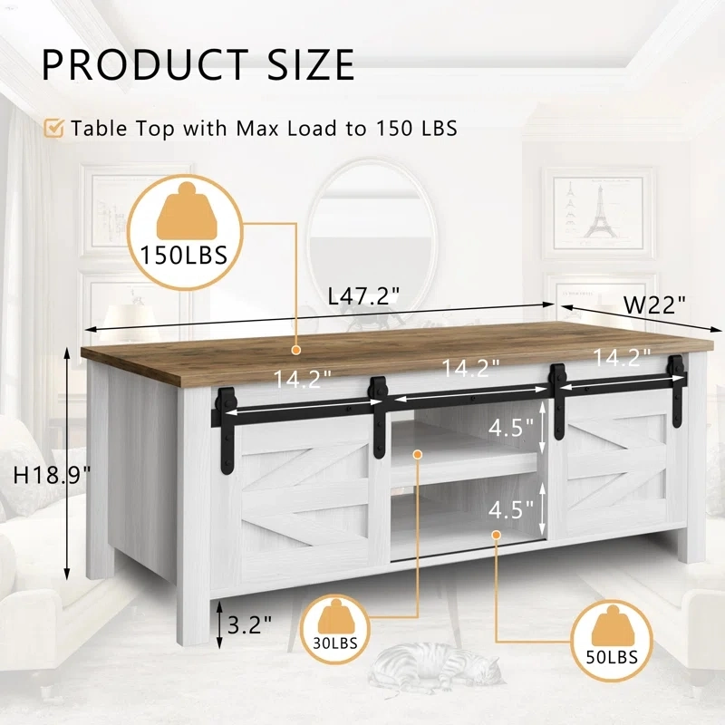 Farmhouse Living Room Furniture Modern 3 Hidden Storage Compartments Center Smart Coffee Table with 2 Sliding Doors