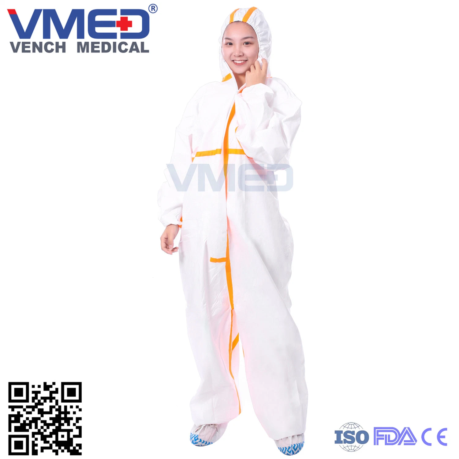 Disposable Type 5/6 White Micro-Porous Coverall with Orange Adhesive Strip