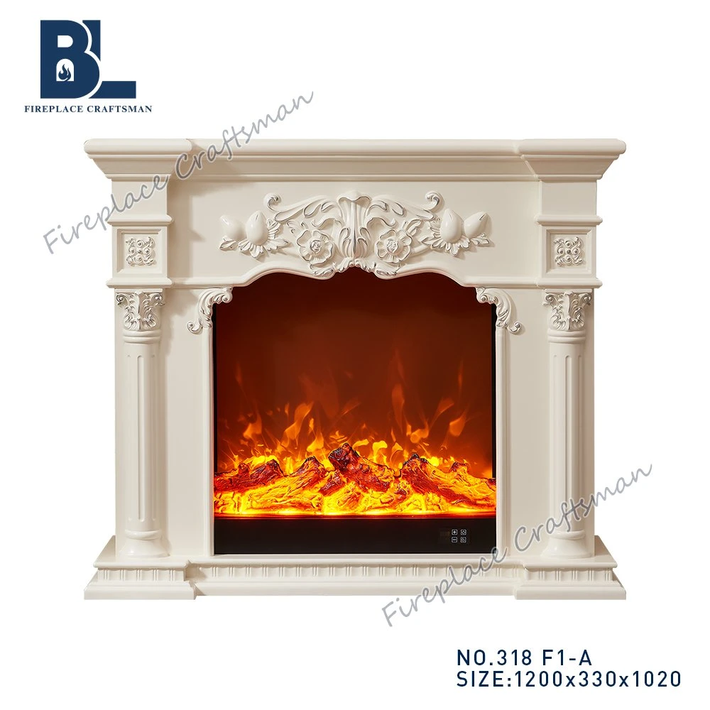 White Modern Freestanding Solid Wooden Resin Carving Home Electric Fireplace Corner Mantel Dining/Bedroom/Hotel Living Room Furniture for Decoration