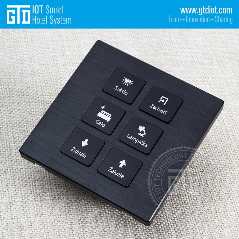 Customized Czech Language Factory Made Luxury Black Color CNC Metal Panel 12V DC Dry Contact 6 Gang Push Button