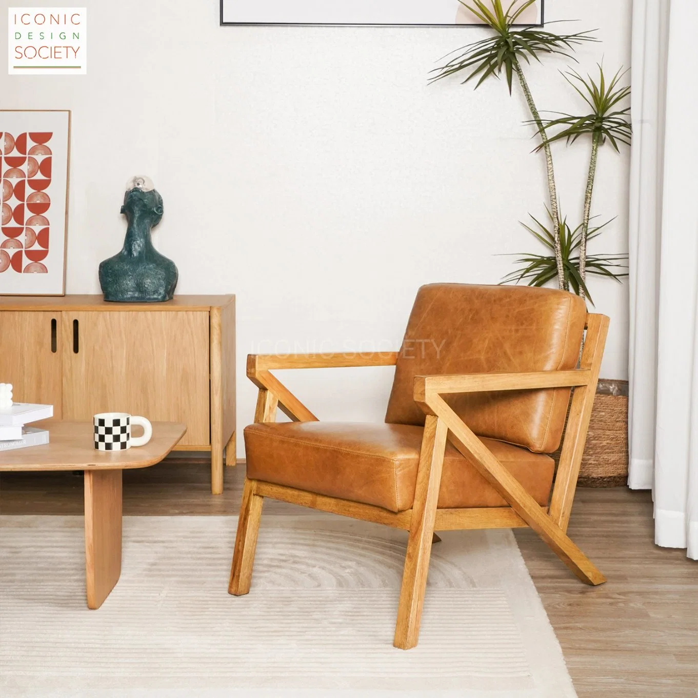 Sala de estar moderna de ocio, muebles de hotel para el hogar, silla de cuero genuino con marco de madera.