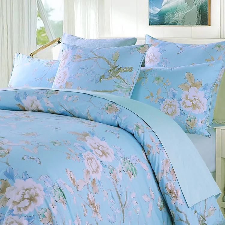 Blue Bed Linen Fitted Sheets Premium Bedsheets 4 Piece Home Textile 100% Cotton Duvet Cover White Printing Pillowcases Bedding Set Luxury King Size