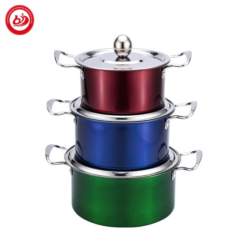 Large 16/18/20cm 3PCS Stainless Steel Colored Cooking Serving Stock Cookware Soup Pot Set with Lid and Handle