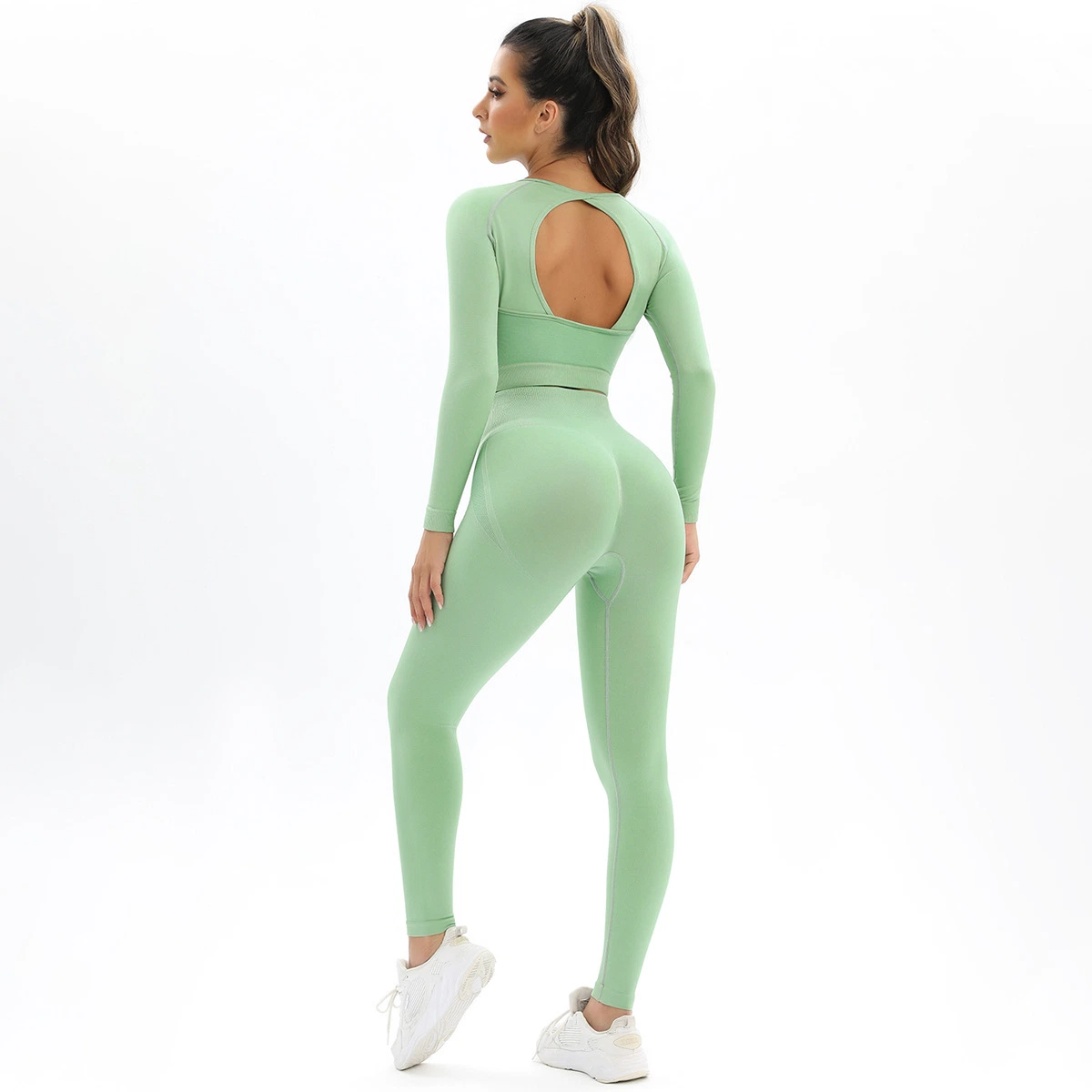 Perfecta Backless durazno tejido elástico alto de manga larga traje Yoga fitness femenino de Deportes de la ejecución de dos piezas