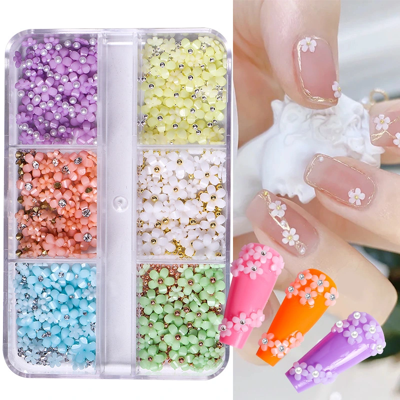 New Design 6 Grid Five Petal Resin Flower Mixed 3D Acrylic Flower Nail Charms for Nails Decoration