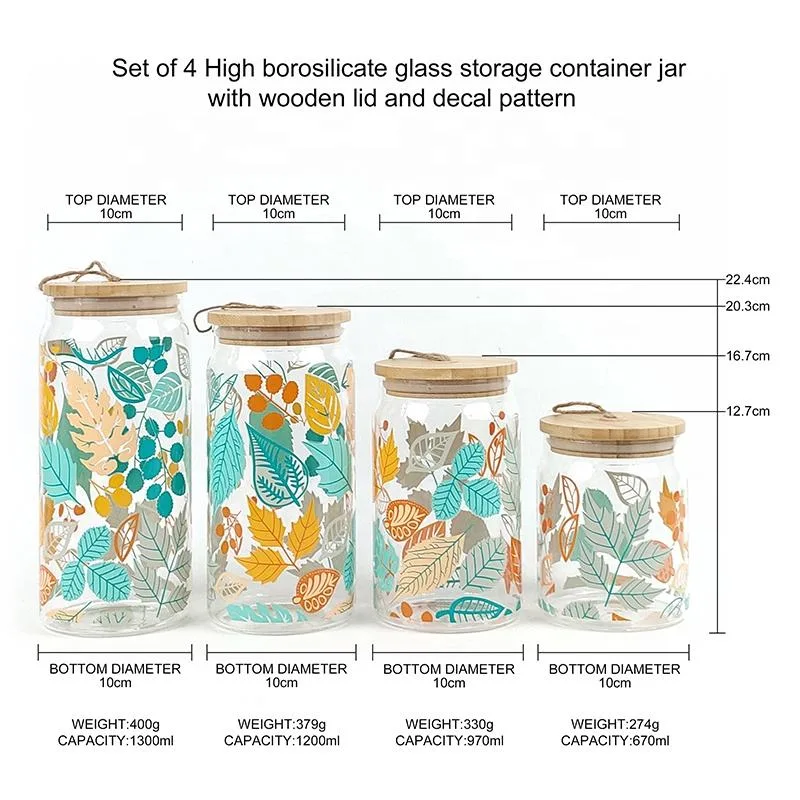 Set of 4 High Borosilicate Glass Decal Pattern Storage Container Jar with Wooden Lid