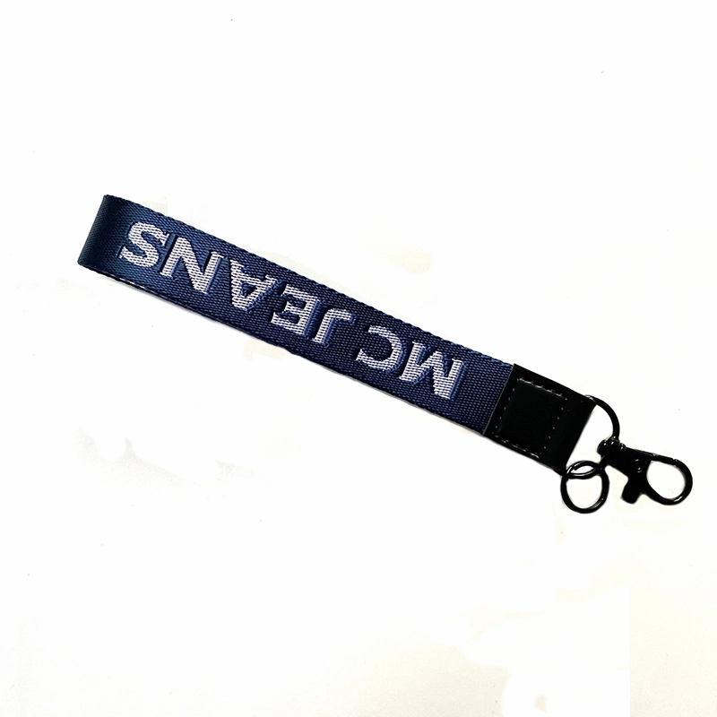 Custom Logo Jacquard gewobene kurze Handgelenk Schlüsselanhänger Armband Lanyard mit Leder