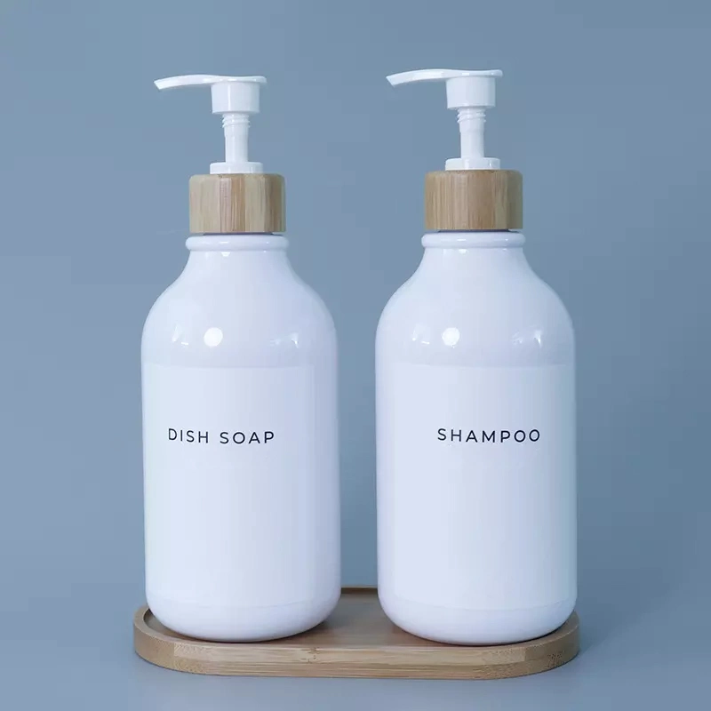 Bouteille de Shampooing et conditionneur de la main et distributeur de savon à vaisselle définie avec la pompe de bambou 500ml Plastique étanche pour salle de bains cuisine des étiquettes de bouteille de lotion liquide blanc