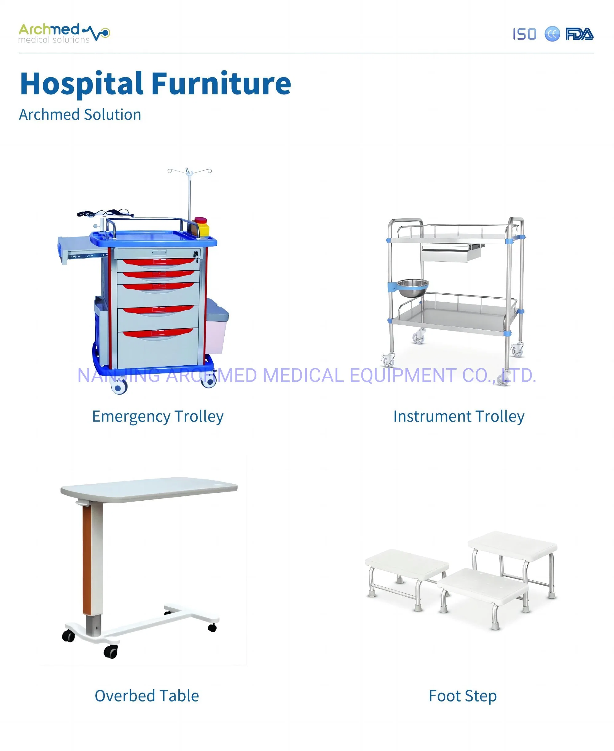 Medical Equipment Hospital Furniture Emergency Instrument Trolley Overbed Table Foot Step