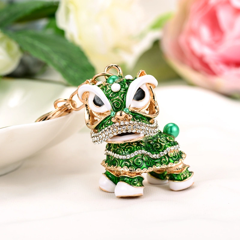 Chinese Style Rhinestone Lion Dance Metal Car Accessories Creative Keychain