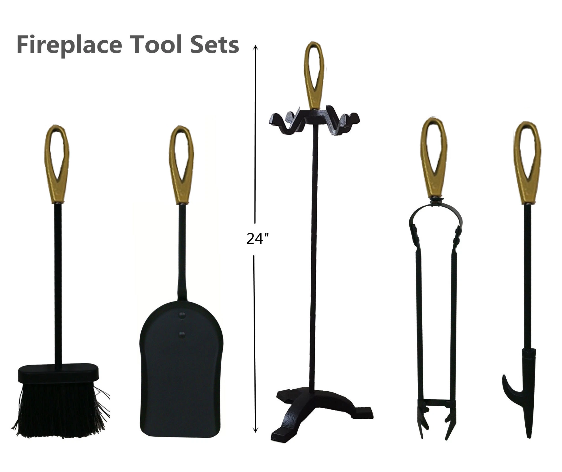 Golden Fireplace Accessories 5 Pieces Metal Fireplace Tools Set with High Temperature Printing