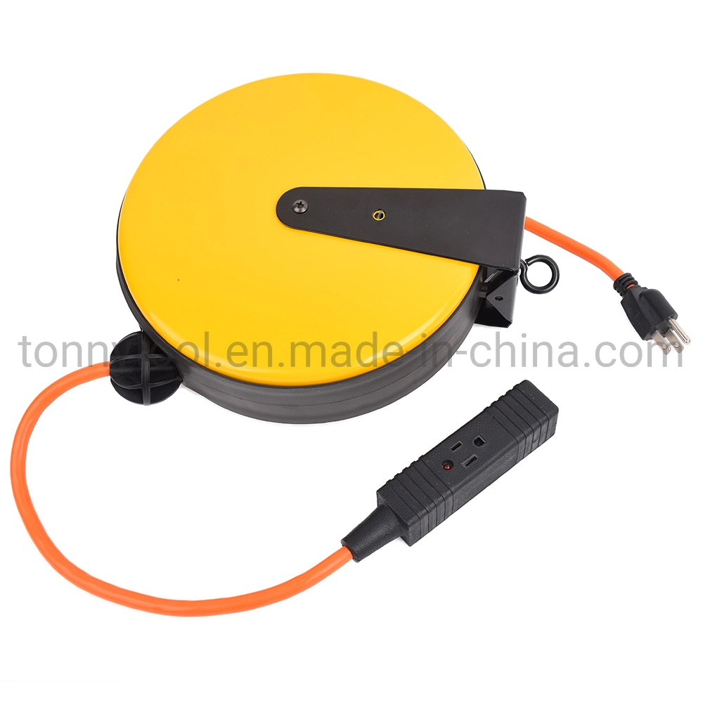 30 FT Retractable Extension Cord Reel with Breaker Switch and 3 Electrical Power Outlets Durable Orange Cable