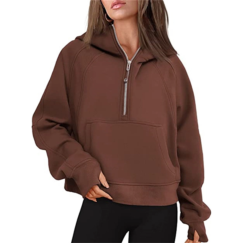 Женские модели с отделкой из рубчатой ткани Kangaroo Pocket Brown и черным флисом Худи EN Half Zip Up Zipper толстовки voor Dames Cotton