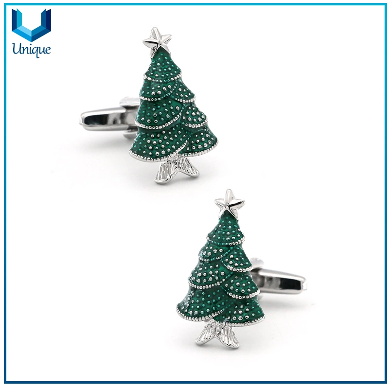 High Quality 3D Copper Nickel Christmas Tree Cufflink, Fashion Design Christmas Tree Cufflink Button for Christmas Holiday Promotional Gifts