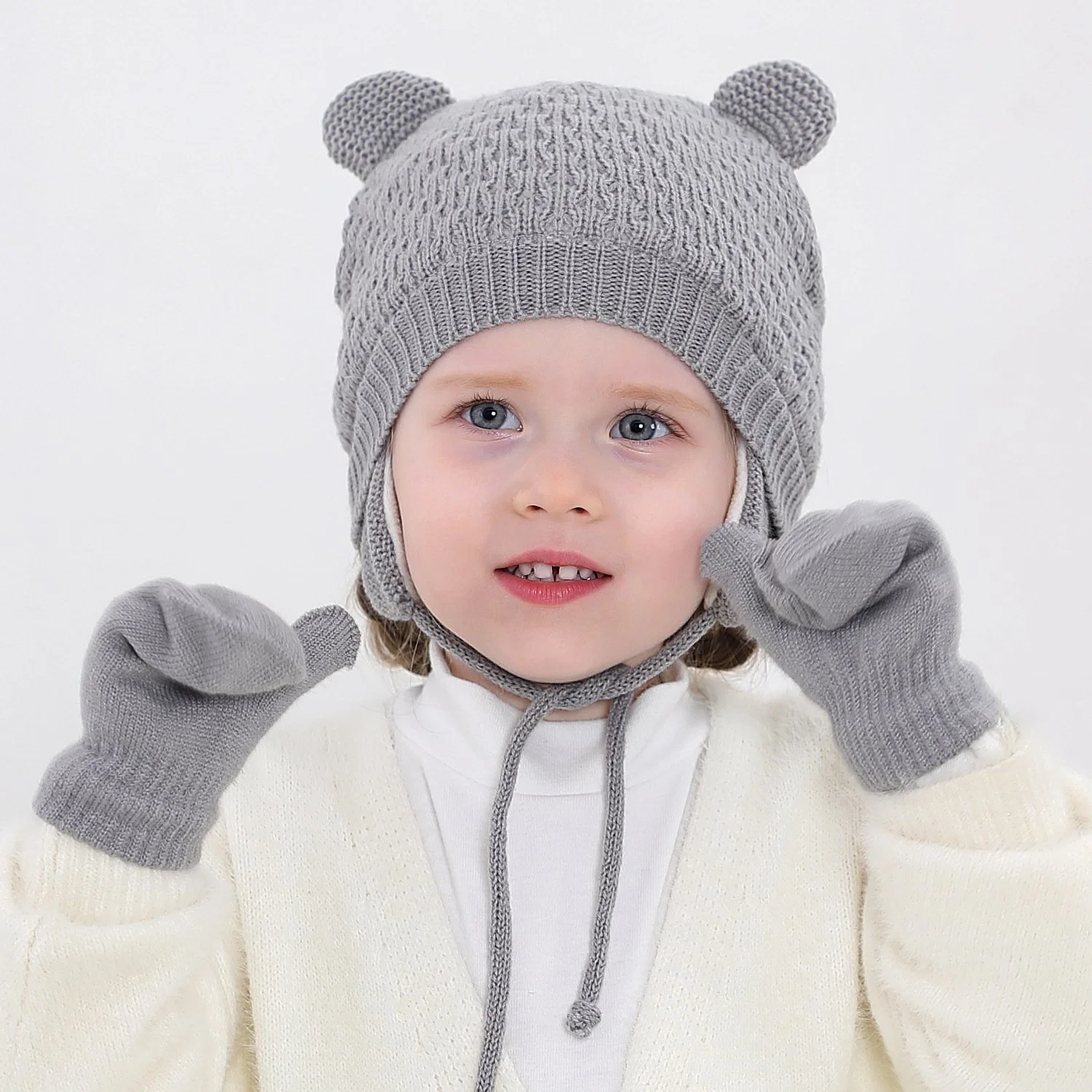 Invierno Earflap lindo sombrero para el bebé Logotipo personalizado de espesor Beanie Sombreros Guantes para niños
