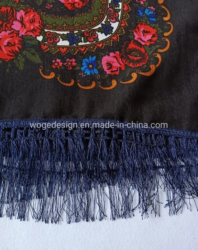 Woge Supplier 100*100cm Larger Wrap Tippet Stole Echarpe Print Woman Herringbone Cotton Square Tassel Russian Floral Scarf Shawls