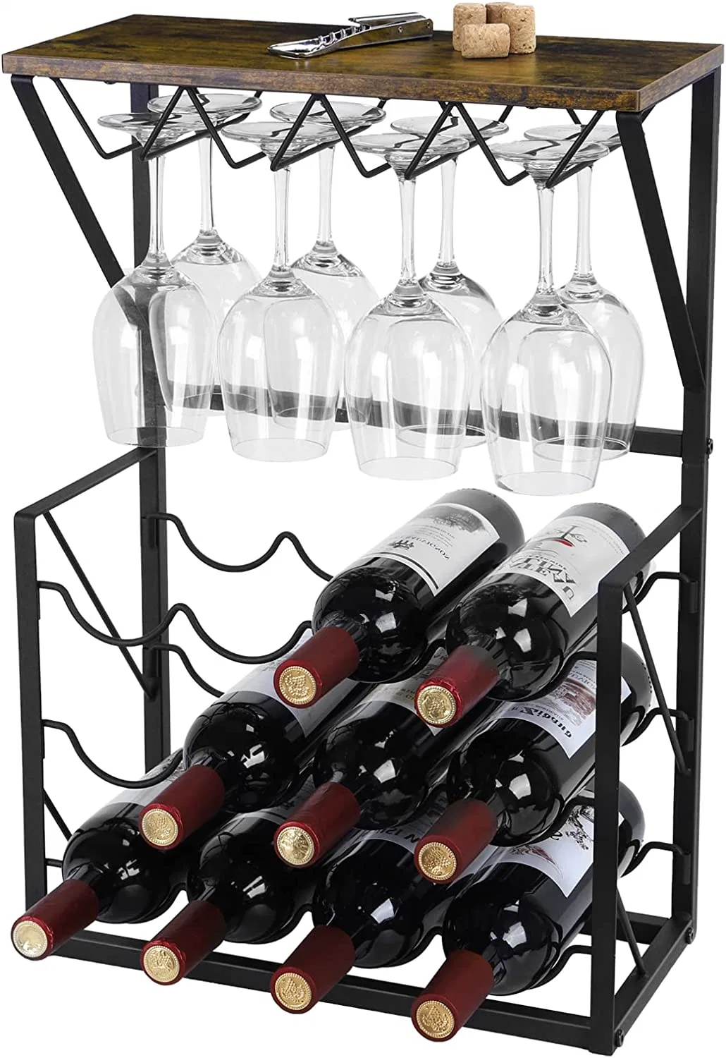 HS115 independente para Rack 12 garrafas de vinho, Suporte para Prateleira de armazenamento do vinho com porta-óculos e vinho de mesa, suporte para bancada de cozinha em casa (Marrom)