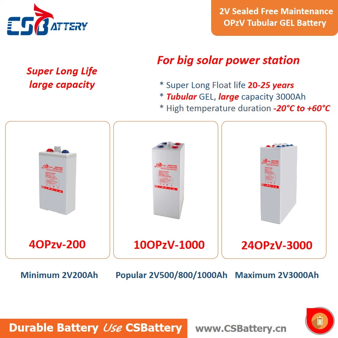 Csbattery 2V250ah Free Maintenance Tubular Opzv Solar Power Battery for Solar Panel System/Inverter Back-up Solar/Telecom/Boo