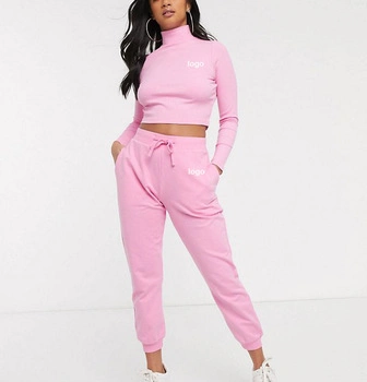 Custom Ladies Fashion Streetwear Cropped Turtle Neck Long Sleeve 100%Cotton Tracksuit Set Sweat Suits Women Tracksuits