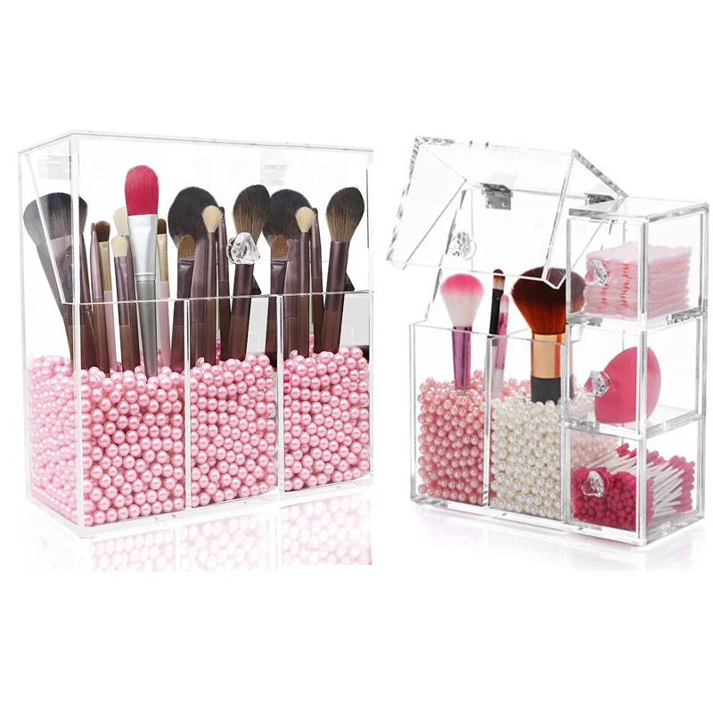 Transparent Acrylic Makeup Brush Holder Cosmetic Storage Pearl Jewelry Box Organizer