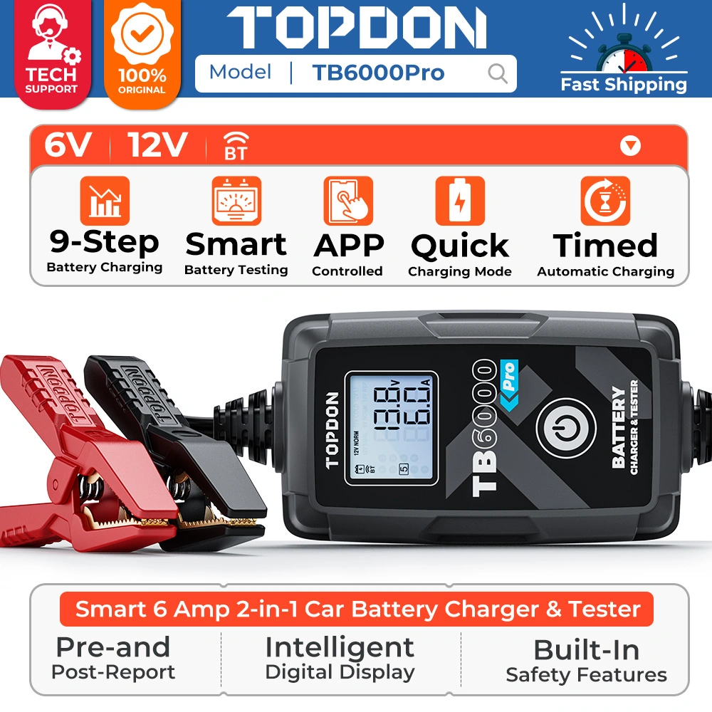 Topdon Tb6000PRO Portable 6V 12V Volt Portable Smart Mini Lead Acid Lithium Auto Truck Swift 2 in 1 Multiple Car Battery Maintainer Load Tester Trickle Charger