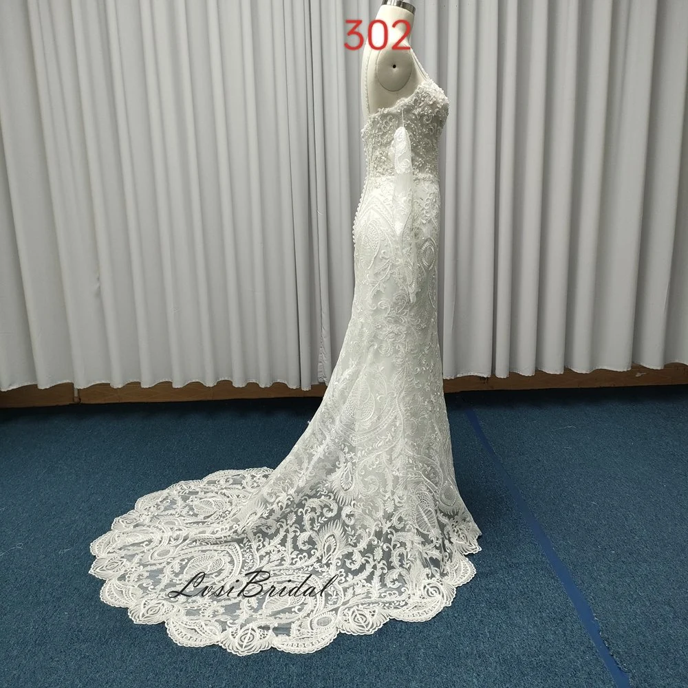 302 Illusion Bodice Spaghetti Straps Wedding Dress with Detachable Long Sleeve Bridal Gown Dress Heavy Lace and Beading Dress for European and American Style