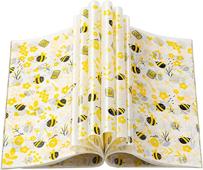 100 PCS Bee Day Wax Paper for Food, Wax Paper Sheets Sandwich Wrap Paper Deli Wraps, Waterproof Oil-Proof Picnic Basket Liners with Bee Pattern for Kitchen Hand