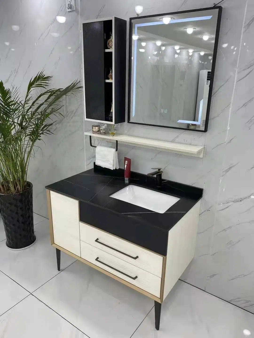 Solid Wood Black Marble Floor Modern Hotel Toilet Bathroom Furniture