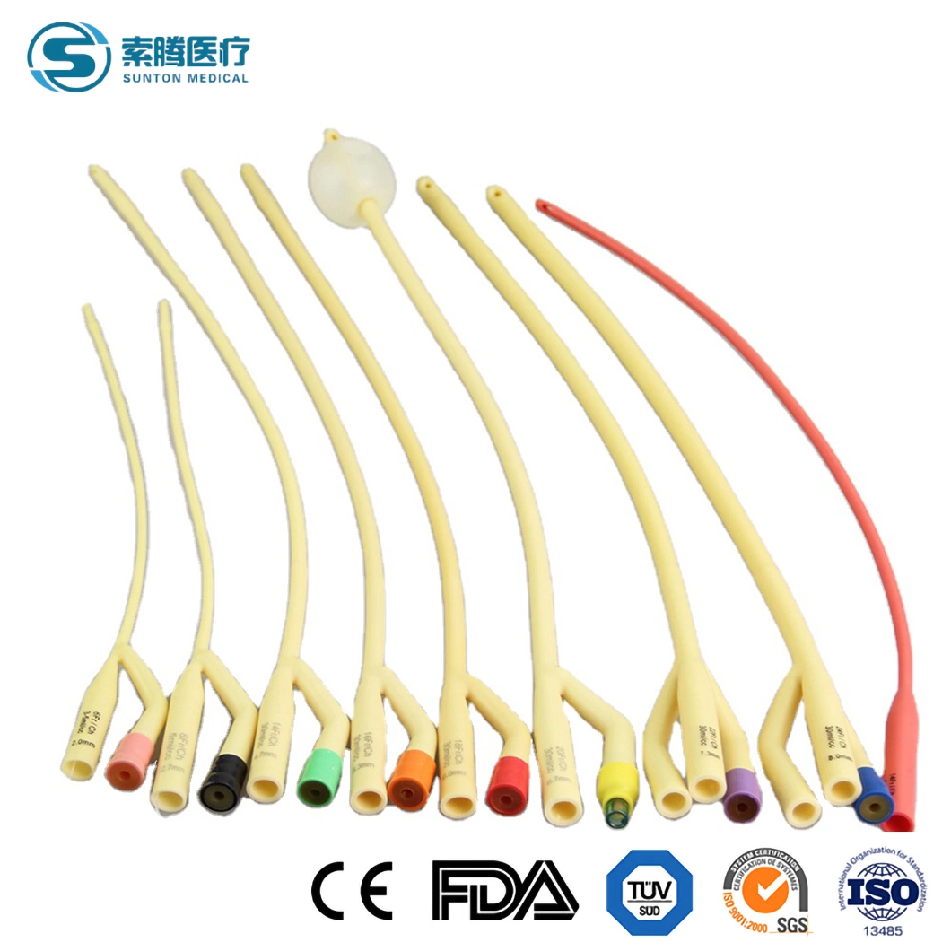 Sunton China Disposable Sterile 100% Latex Foley Urine Catheter with 100% Silicon Coated Manufacturers OEM Customized Medical Latex Urinary Suction Catheter