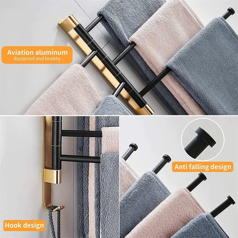 Modern Design Wall Mount Towel Holder Aluminum Folding Towel Rack Bathroom Accessories - Black & Gold