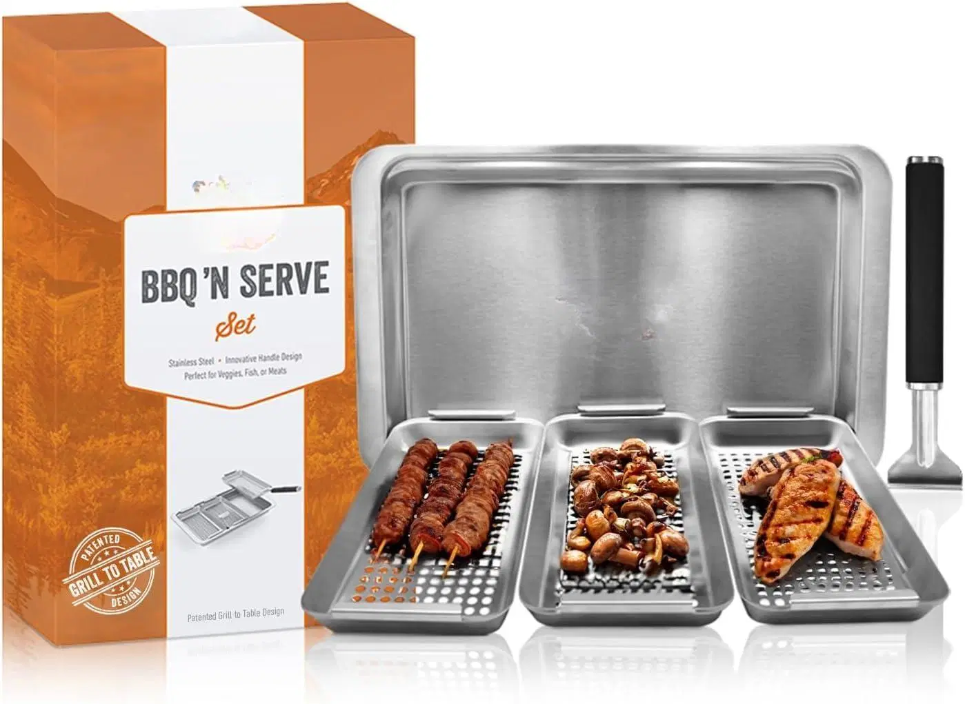 BBQ Accessories Handle Serve Tray Clip Grill-to-Table Basket Set