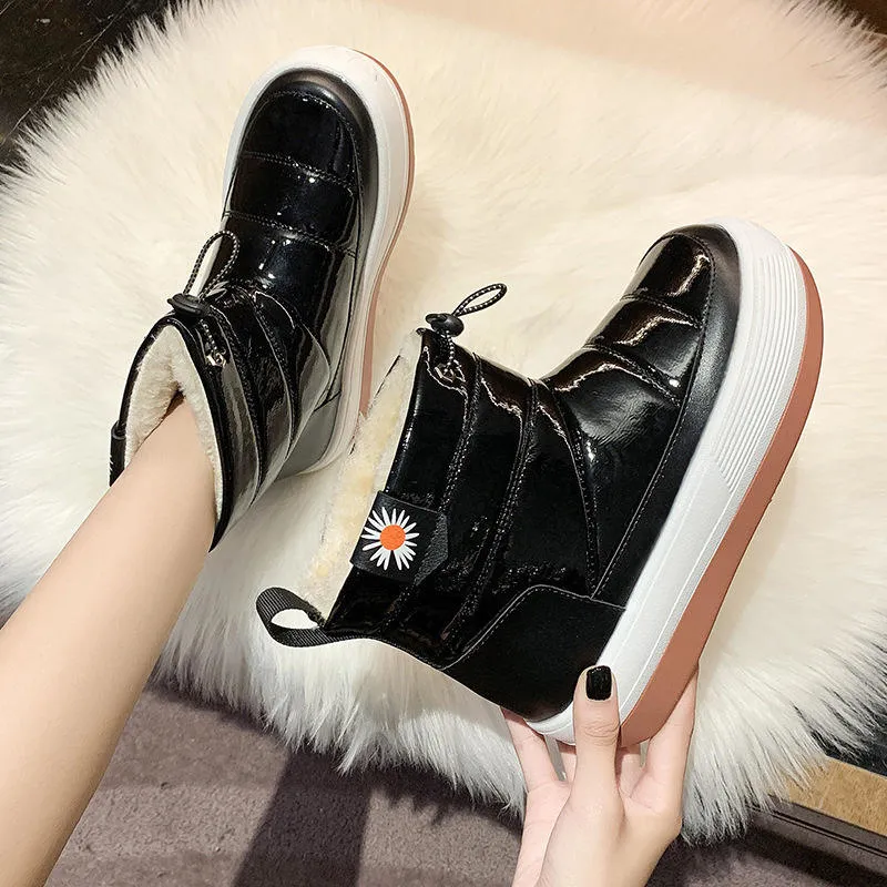 2022 New Solid Color Shiny Skin Thick Sole Outdoor Winter Snow Boots Plush Warm High-Top Trend Casual Women Chunky Shoes