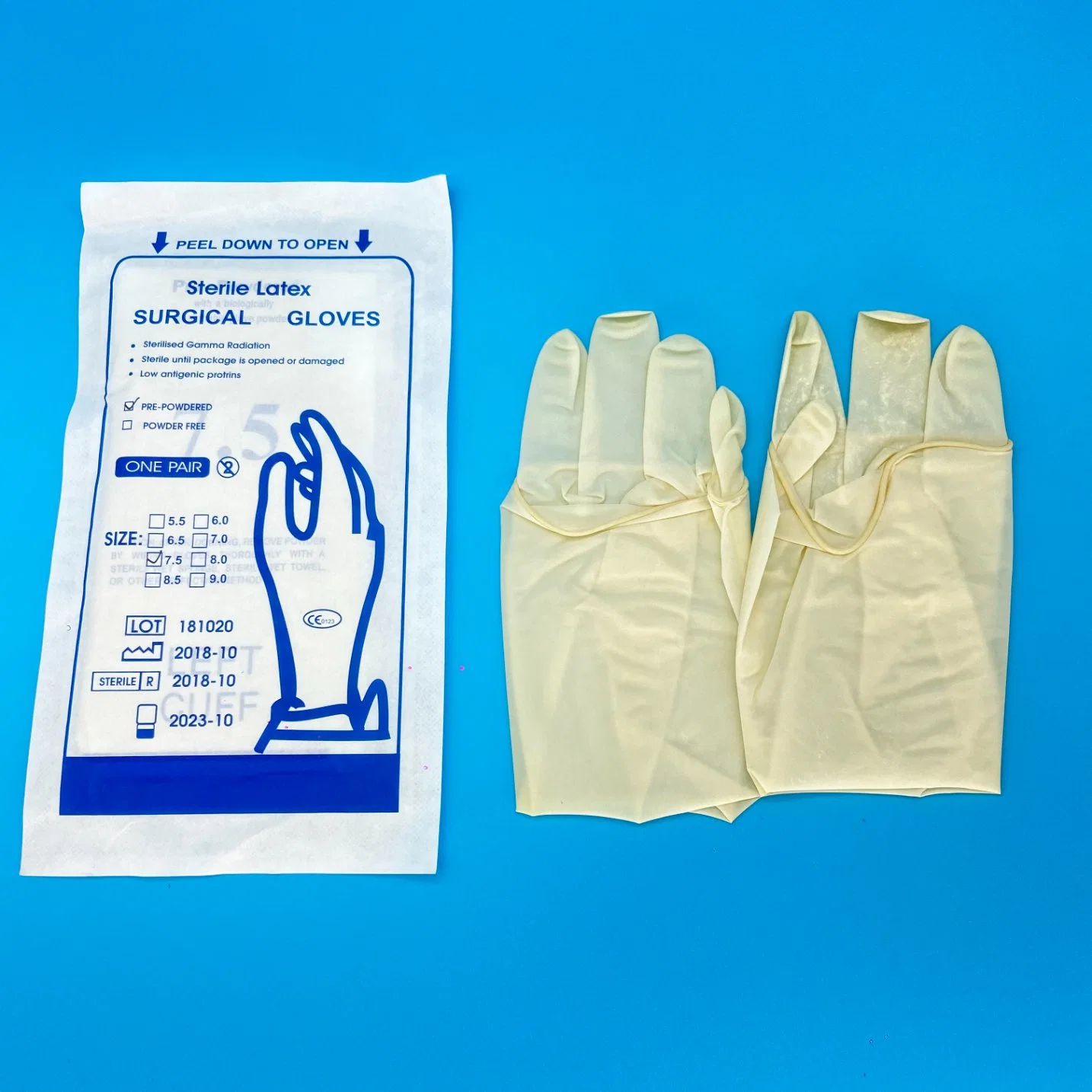 Venta en caliente uso en polvo y sin polvo estéril látex quirúrgico Glovees