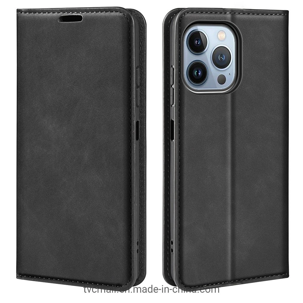 Piel suave sensación de cuero Folio Libro tapa abatible Vista horizontal Soporte funda de absorción magnética para iPhone 14 PRO 6,1 Pulgada - Negro