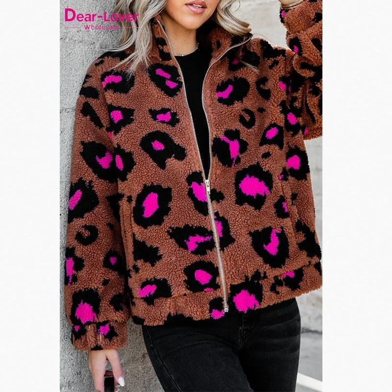 Ropa occidental de Estimado-Lover Abrigo de invierno personalizado cálido Leopard cremallera Up Stand Collar Ladies Outdoor Shacket Sherpa Teddy Women Fleece Chaqueta