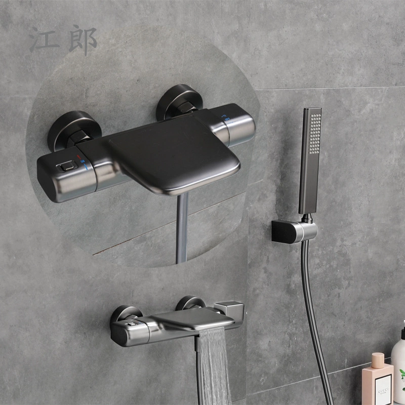 Waterfall Spout Tub Faucet Wall Mounted Bathtub Faucet with Handheld Shower Modern Tub Filler Solid Brass