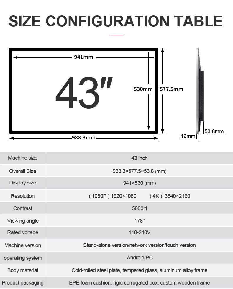 أجهزة الإعلان المعدني 350nits أو المخصصة 21.5 32 43 بوصة شاشة LCD الرقمية المعلقة على الحائط الداخلي