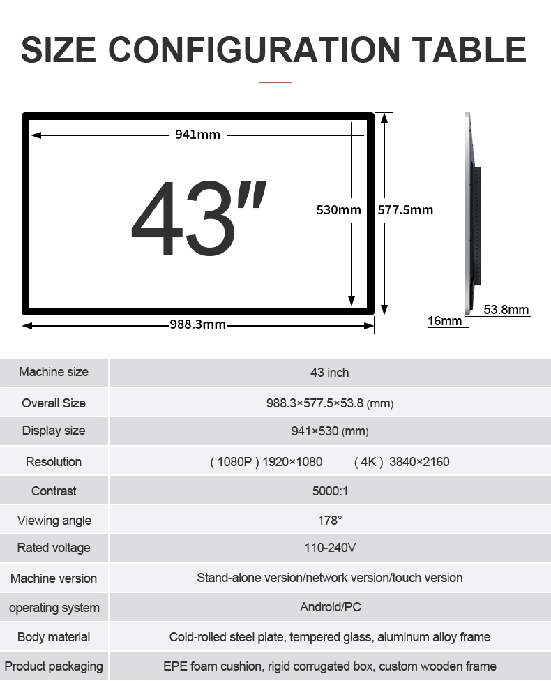 350nits or Customized 21.5 32 43 Inch Metal Advertising Equipment Indoor Wall Hanging Digital Signage LCD