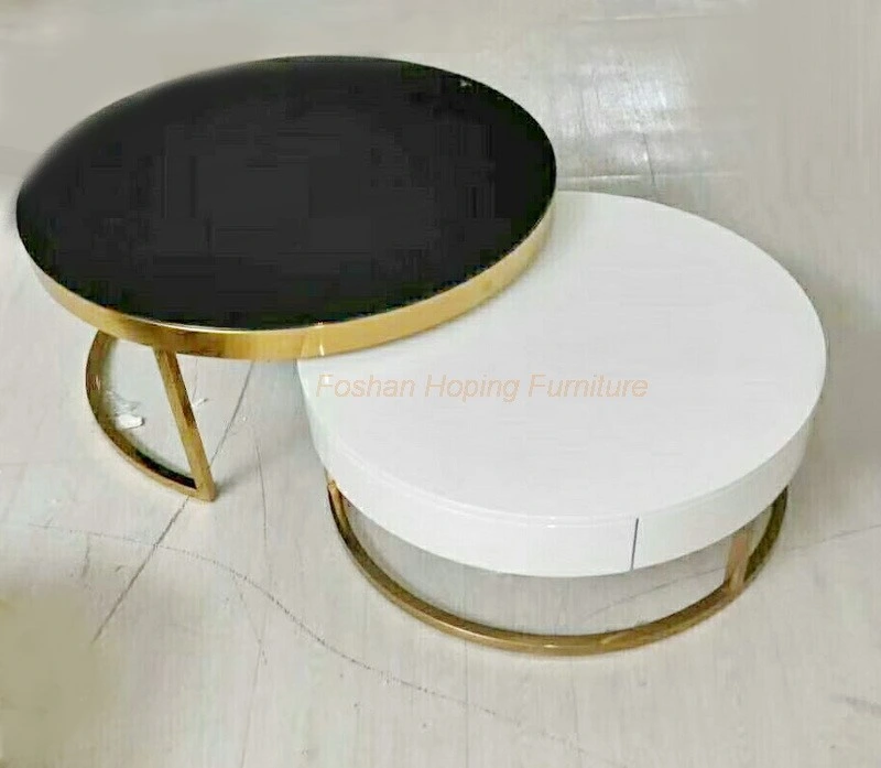 White Gold Wedding Coffee Table Luxury Modern Round Marble Brass Metal Base